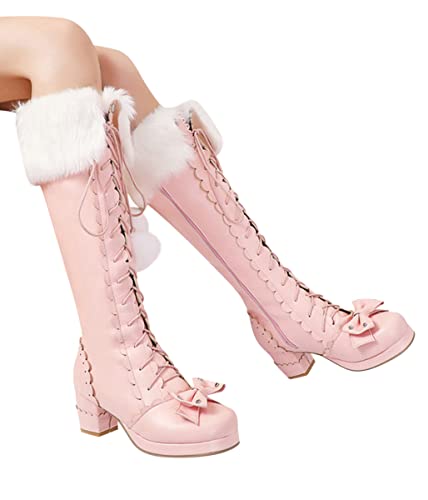 Minetom Stiefel Damen Lolita Lange Stiefel Plüschfutter Schnürstiefel Langschaftstiefel Warme Blockabsatz Stiefel Süßer Schmetterling Schneestiefel Mit Haarkugel A Rosa 37 EU von Minetom