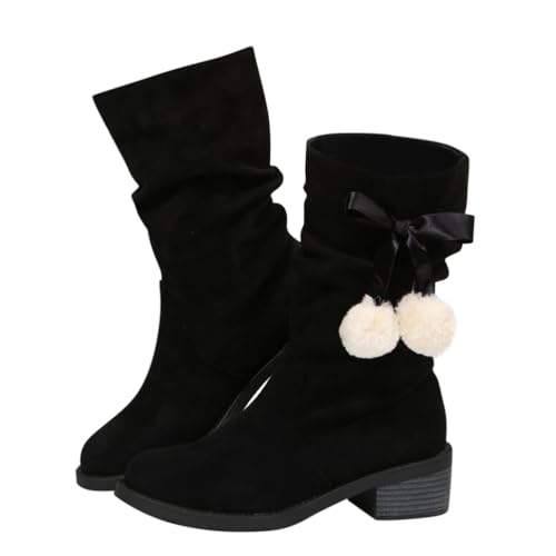 Minetom Stiefel Damen Weihnachten Wildleder Halbstiefel Schlupfschuhe Stiefel Übergangsstiefel Halbhohe Mit Blockabsatz Damenstiefel Mit Pompons Verziert A Schwarz 39 EU von Minetom