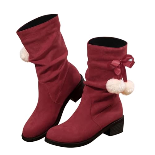 Minetom Stiefel Damen Weihnachten Wildleder Halbstiefel Schlupfschuhe Stiefel Übergangsstiefel Halbhohe Mit Blockabsatz Damenstiefel Mit Pompons Verziert A Weinrot 40 EU von Minetom