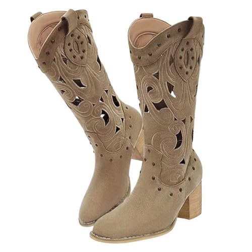 Minetom Stiefel Damen Wildleder Halbstiefel Hohl Schlupfschuhe Lange Stiefel Mit Blockabsatz Übergangsstiefel Damenstiefel Cowboy Stiefel Biker Boots A Khaki 39 EU von Minetom