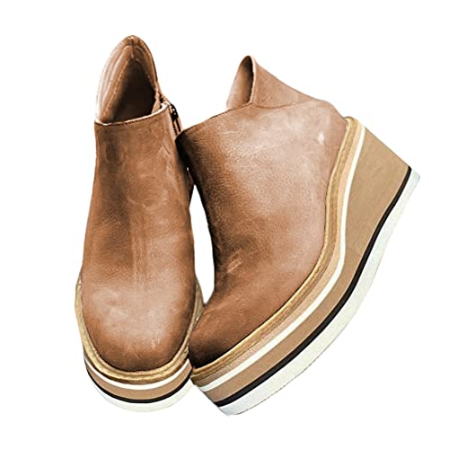 Minetom Stiefeletten Damen Keilabsatz Kurze Stiefel Frauen Ankle Boots Bootie Herbst Winter Reißverschluss Stiefelette Knöchel Schuhe Damenstiefel B Khaki 43 EU von Minetom