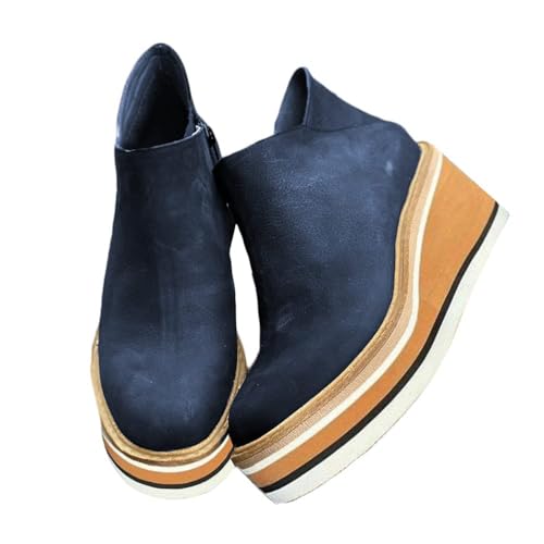 Minetom Stiefeletten Damen Keilabsatz Kurze Stiefel Frauen Ankle Boots Bootie Herbst Winter Reißverschluss Stiefelette Knöchel Schuhe Damenstiefel B Marine 39 EU von Minetom