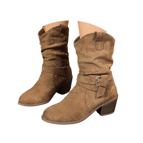 Minetom Stiefeletten Damen Klassisch Wildleder Halbstiefel Spitz Schlupfschuhe Niederung Stiefel Mit Schnalle Kurzstiefel Übergangsstiefel Halbhohe Ankle Boots Damenstiefel B Khaki 43 EU von Minetom