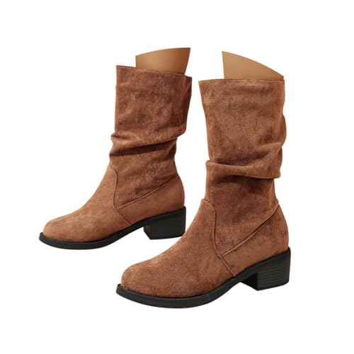 Minetom Stiefeletten Damen Klassisch Winterstiefel Warm Wildleder Halbstiefel Spitz Schlupfstiefel Halbhohe Übergangsstiefel Blockabsatz Boots A Braun 39 EU von Minetom