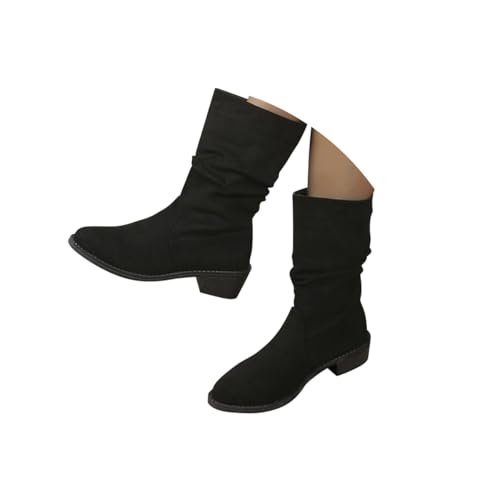 Minetom Stiefeletten Damen Klassisch Winterstiefel Warm Wildleder Halbstiefel Spitz Schlupfstiefel Halbhohe Übergangsstiefel Blockabsatz Boots A Schwarz 37 EU von Minetom
