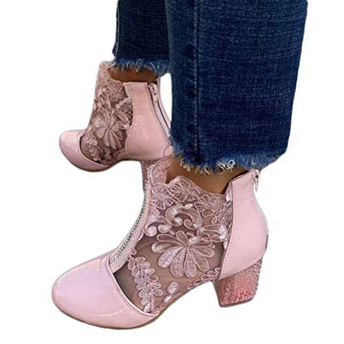 Minetom Stiefeletten Damen Pumps Schuhe Elegant Spitze Blumen Blockabsatz High Heels Mesh Rutschfest Abend Party Stiefel B Rosa 35 EU von Minetom