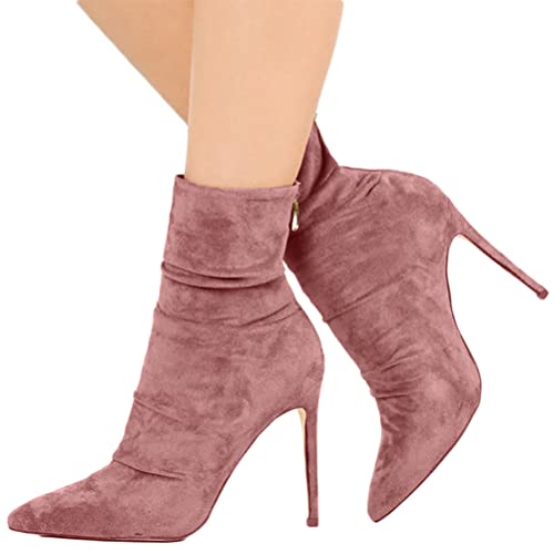 Minetom Stiefeletten Damen Sommer Wildleder Spitz Party Basic High Heels Pumps Vintage Abendschuhe Herbst Winter Ankle Boots Spitz Booties A Rosa 42 EU von Minetom