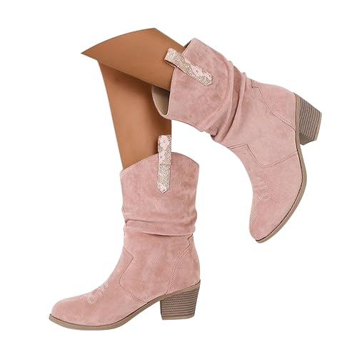 Minetom Stiefeletten Damen Wildleder Cowboystiefel Halbstiefel Schlupfschuhe Niederung Stiefel Kurzstiefel Übergangsstiefel Blockabsatz Ankle Boots Halbhoch Damenstiefel A Rosa 37 EU von Minetom