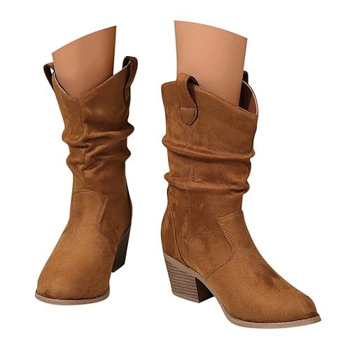 Minetom Stiefeletten Damen Wildleder Cowboystiefel Halbstiefel Schlupfschuhe Niederung Stiefel Kurzstiefel Übergangsstiefel Blockabsatz Ankle Boots Halbhoch Damenstiefel B Braun 39 EU von Minetom