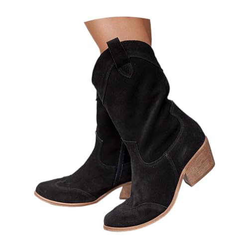 Minetom Stiefeletten Damen Wildleder Cowboystiefel Halbstiefel Schlupfschuhe Niederung Stiefel Kurzstiefel Übergangsstiefel Blockabsatz Ankle Boots Halbhoch Damenstiefel C Schwarz 38 EU von Minetom