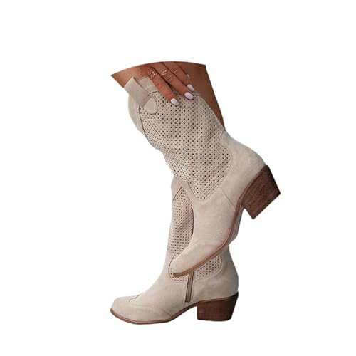 Minetom Stiefeletten Damen Wildleder Cowboystiefel Halbstiefel Schlupfschuhe Niederung Stiefel Kurzstiefel Übergangsstiefel Blockabsatz Ankle Boots Halbhoch Damenstiefel D Aprikose 40 EU von Minetom
