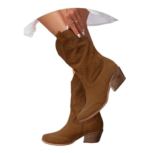 Minetom Stiefeletten Damen Wildleder Cowboystiefel Halbstiefel Schlupfschuhe Niederung Stiefel Kurzstiefel Übergangsstiefel Blockabsatz Ankle Boots Halbhoch Damenstiefel D Braun 37 EU von Minetom
