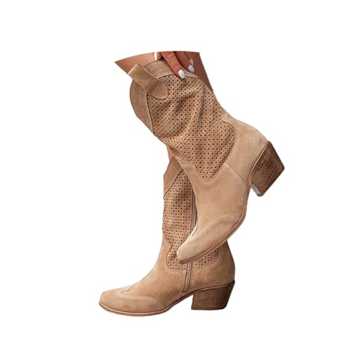 Minetom Stiefeletten Damen Wildleder Cowboystiefel Halbstiefel Schlupfschuhe Niederung Stiefel Kurzstiefel Übergangsstiefel Blockabsatz Ankle Boots Halbhoch Damenstiefel D Khaki 43 EU von Minetom