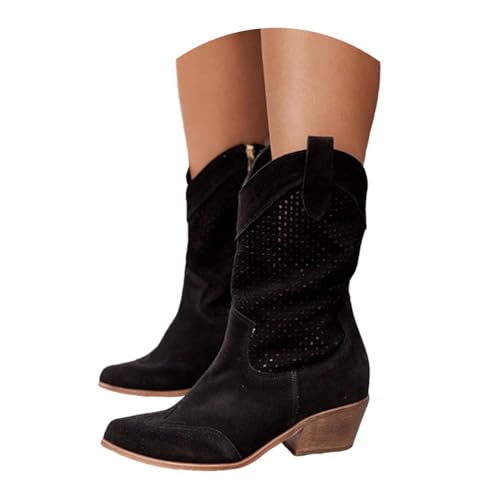 Minetom Stiefeletten Damen Wildleder Cowboystiefel Halbstiefel Schlupfschuhe Niederung Stiefel Kurzstiefel Übergangsstiefel Blockabsatz Ankle Boots Halbhoch Damenstiefel D Schwarz 39 EU von Minetom