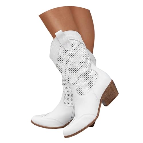 Minetom Stiefeletten Damen Wildleder Cowboystiefel Halbstiefel Schlupfschuhe Niederung Stiefel Kurzstiefel Übergangsstiefel Blockabsatz Ankle Boots Halbhoch Damenstiefel D Weiß 38 EU von Minetom