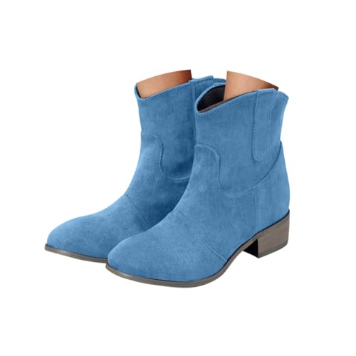 Minetom Stiefeletten Damen Wildleder Halbstiefel Spitz Schlupfschuhe Kurz Stiefel Cowboy Absatz Ankle Boots Blockabsatz Westernstiefel A Blau 40 EU von Minetom