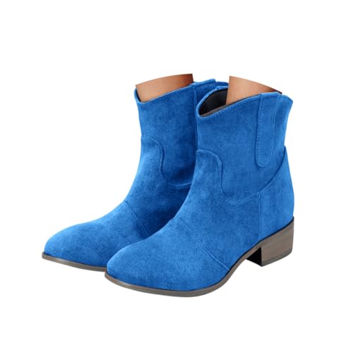 Minetom Stiefeletten Damen Wildleder Halbstiefel Spitz Schlupfschuhe Kurz Stiefel Cowboy Absatz Ankle Boots Blockabsatz Westernstiefel A Dunkelblau 43 EU von Minetom