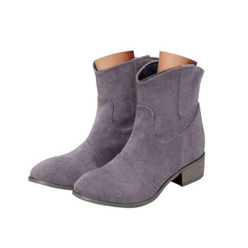 Minetom Stiefeletten Damen Wildleder Halbstiefel Spitz Schlupfschuhe Kurz Stiefel Cowboy Absatz Ankle Boots Blockabsatz Westernstiefel A Grau 39 EU von Minetom