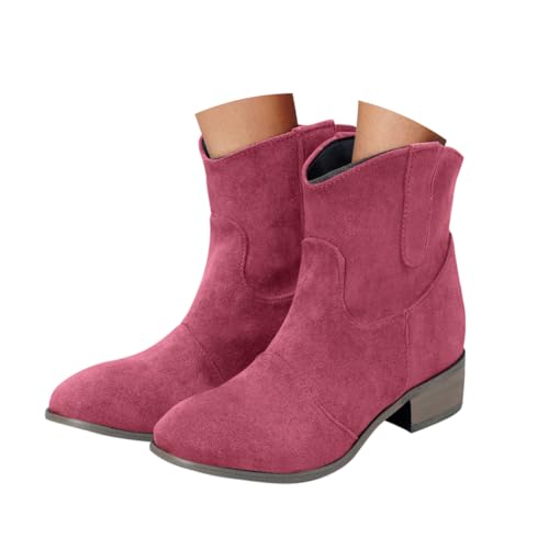 Minetom Stiefeletten Damen Wildleder Halbstiefel Spitz Schlupfschuhe Kurz Stiefel Cowboy Absatz Ankle Boots Blockabsatz Westernstiefel A Rosa 42 EU von Minetom