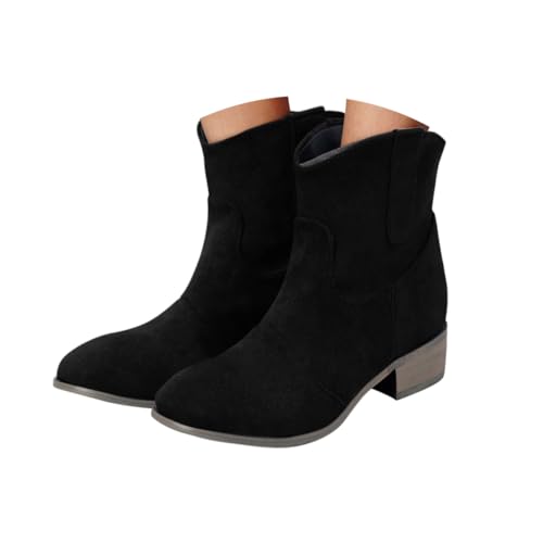 Minetom Stiefeletten Damen Wildleder Halbstiefel Spitz Schlupfschuhe Kurz Stiefel Cowboy Absatz Ankle Boots Blockabsatz Westernstiefel A Schwarz 37 EU von Minetom
