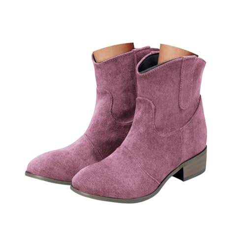 Minetom Stiefeletten Damen Wildleder Halbstiefel Spitz Schlupfschuhe Kurz Stiefel Cowboy Absatz Ankle Boots Blockabsatz Westernstiefel A Violett 37 EU von Minetom