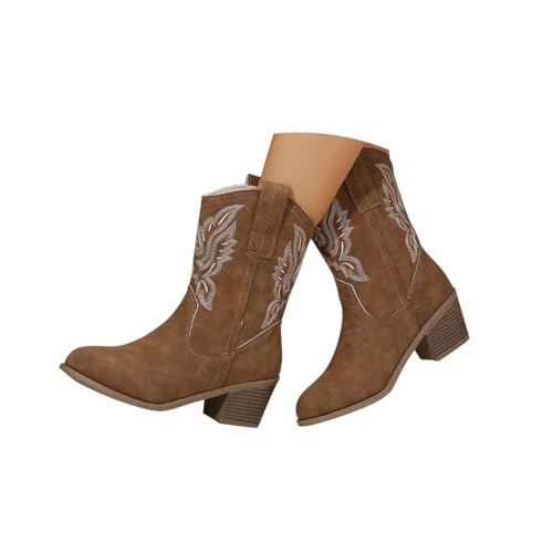 Minetom Stiefeletten Damen Wildleder Kurzstiefel Stickerei Schlupfschuhe Mittelalter Absatz Ankle Boots Westernstiefel Damenstiefel A Braun 38 EU von Minetom