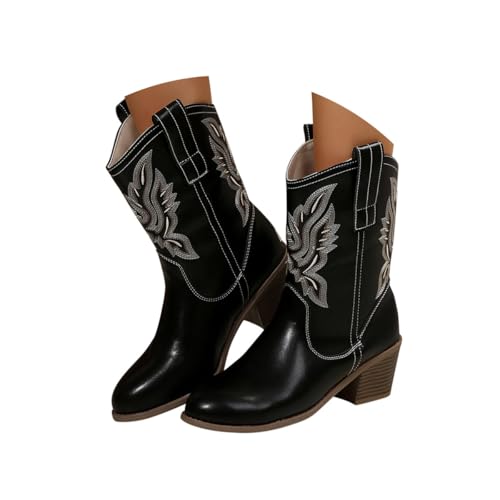 Minetom Stiefeletten Damen Wildleder Kurzstiefel Stickerei Schlupfschuhe Mittelalter Absatz Ankle Boots Westernstiefel Damenstiefel A Schwarz 41 EU von Minetom