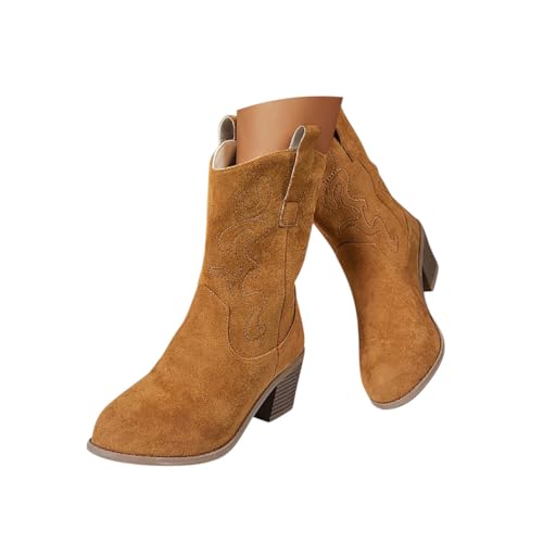 Minetom Stiefeletten Damen Wildleder Kurzstiefel Stickerei Schlupfschuhe Mittelalter Absatz Ankle Boots Westernstiefel Damenstiefel B Braun 39 EU von Minetom