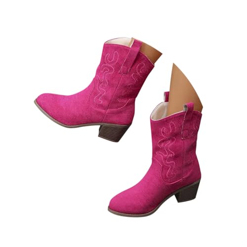 Minetom Stiefeletten Damen Wildleder Kurzstiefel Stickerei Schlupfschuhe Mittelalter Absatz Ankle Boots Westernstiefel Damenstiefel B Rosa Rot 39 EU von Minetom