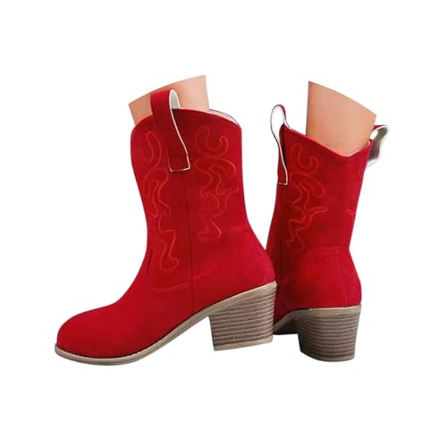 Minetom Stiefeletten Damen Wildleder Kurzstiefel Stickerei Schlupfschuhe Mittelalter Absatz Ankle Boots Westernstiefel Damenstiefel B Rot 37 EU von Minetom
