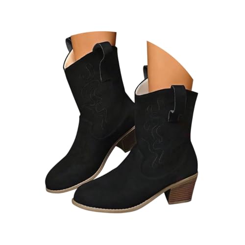 Minetom Stiefeletten Damen Wildleder Kurzstiefel Stickerei Schlupfschuhe Mittelalter Absatz Ankle Boots Westernstiefel Damenstiefel B Schwarz 41 EU von Minetom