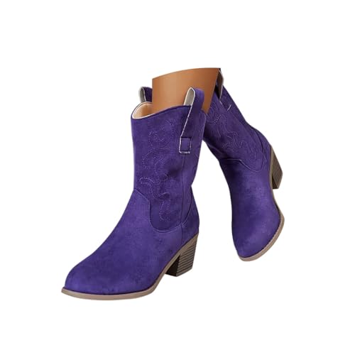 Minetom Stiefeletten Damen Wildleder Kurzstiefel Stickerei Schlupfschuhe Mittelalter Absatz Ankle Boots Westernstiefel Damenstiefel B Violett 43 EU von Minetom