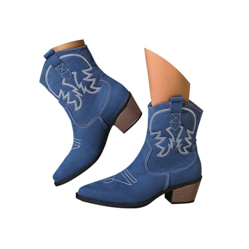 Minetom Stiefeletten Damen Wildleder Kurzstiefel Stickerei Schlupfschuhe Mittelalter Absatz Ankle Boots Westernstiefel Damenstiefel C Blau 36 EU von Minetom