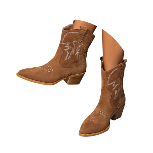 Minetom Stiefeletten Damen Wildleder Kurzstiefel Stickerei Schlupfschuhe Mittelalter Absatz Ankle Boots Westernstiefel Damenstiefel C Braun 40 EU von Minetom