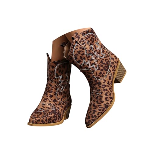 Minetom Stiefeletten Damen Wildleder Kurzstiefel Stickerei Schlupfschuhe Mittelalter Absatz Ankle Boots Westernstiefel Damenstiefel C Leopard 40 EU von Minetom