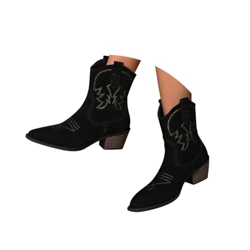 Minetom Stiefeletten Damen Wildleder Kurzstiefel Stickerei Schlupfschuhe Mittelalter Absatz Ankle Boots Westernstiefel Damenstiefel C Schwarz 37 EU von Minetom