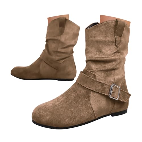 Minetom Stiefeletten Damen Winter Boots Western Vintage Western Retro Bequemer Klassisch Wildleder Elegante Kurzstiefel Schlupfschuhe Für Oktoberfest A2 Khaki 42 EU von Minetom