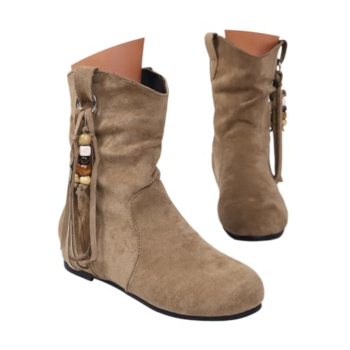 Minetom Stiefeletten Damen Winter Boots Western Vintage Western Retro Bequemer Klassisch Wildleder Elegante Kurzstiefel Schlupfschuhe Für Oktoberfest A4 Khaki 40 EU von Minetom
