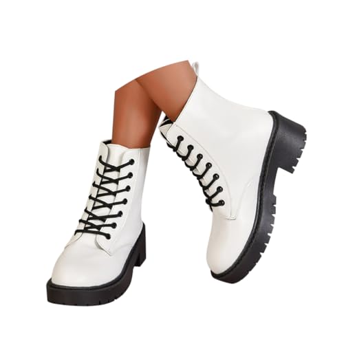 Minetom Stiefeletten Damenstiefel Schnürstiefel Bequemer Reißverschluss Herbst Winter Schuhe Biker Boots Kurzschaft Stiefel A Weiß 36 EU von Minetom