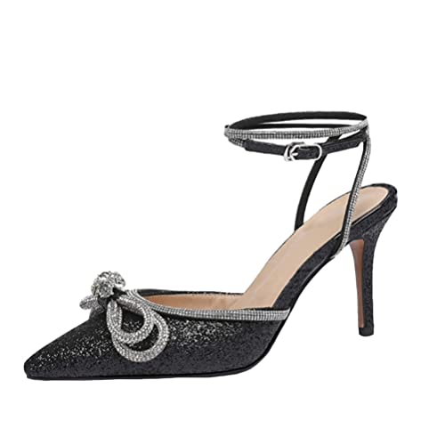 Minetom Stiletto High Heels Damen Pumps Spitz Strass Bowknot Party Sandalen Schnalle Schuhe Geschlossen Abendschuhe Sommerschuhe A1 Schwarz 36 EU von Minetom