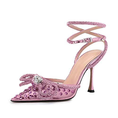 Minetom Stiletto High Heels Damen Pumps Spitz Strass Bowknot Party Sandalen Schnalle Schuhe Geschlossen Abendschuhe Sommerschuhe B Rosa 39 EU von Minetom