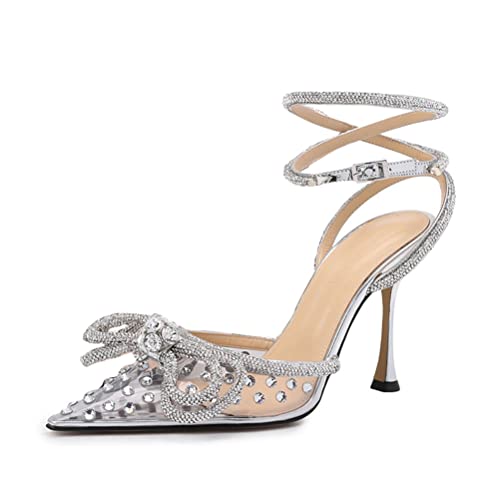 Minetom Stiletto High Heels Damen Pumps Spitz Strass Bowknot Party Sandalen Schnalle Schuhe Geschlossen Abendschuhe Sommerschuhe B Transparent 37 EU von Minetom