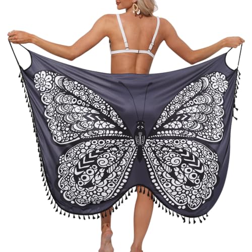 Minetom Strandkleider Damen Lang Kleid Sommer Strand Wickelkleid Bikini Cover Up Schmetterling Strandponcho Pareos Bademantel Schwimmen Badeanzug Strandtuch Wrap Sarong A Grau S von Minetom