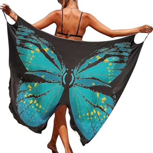 Minetom Strandkleider Damen Lang Kleid Sommer Strand Wickelkleid Bikini Cover Up Schmetterling Strandponcho Pareos Bademantel Schwimmen Badeanzug Strandtuch Wrap Sarong B Schwarz XS von Minetom