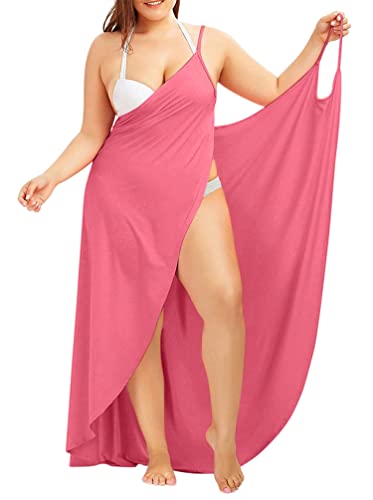 Minetom Strandkleider Damen Lang Kleid Sommer Strand Wickelkleid Bikini Cover Up Strandponcho Pareos Bademantel Handtuch Reise Spa Schwimmen Große Größe A Rosa M von Minetom