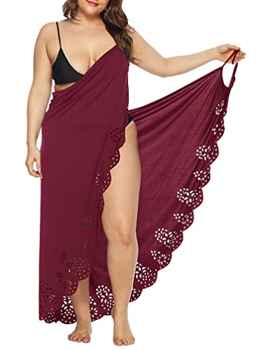 Minetom Strandkleider Damen Lang Kleid Sommer Strand Wickelkleid Bikini Cover Up Strandponcho Pareos Bademantel Handtuch Reise Spa Schwimmen Große Größe C Rot 3XL von Minetom