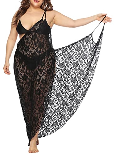 Minetom Strandkleider Damen Lang Kleid Sommer Strand Wickelkleid Bikini Cover Up Strandponcho Pareos Bademantel Handtuch Reise Spa Schwimmen Spitze Große Größe D Schwarz 4XL von Minetom