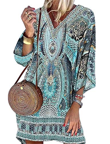 Minetom Strandkleider Damen Sommer Kurz Sexy V-Ausschnitt Bikini Cover Up Kleid Boho Tunikakleid Blumen Sommerkleid Swing Minikleid B Blau 44 von Minetom