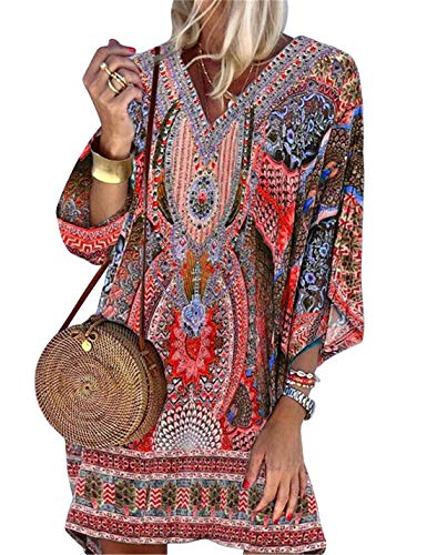 Minetom Strandkleider Damen Sommer Kurz Sexy V-Ausschnitt Bikini Cover Up Kleid Boho Tunikakleid Blumen Sommerkleid Swing Minikleid B Rot 36 von Minetom