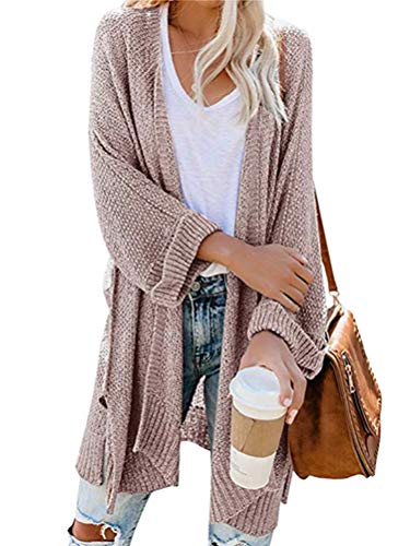 Minetom Strickjacke Damen Cardigan Strickmantel Strickcardigan Mittlere Länge Open Front Cardigan Cover Up Outwear Oversize Herbst Rosa 36 von Minetom